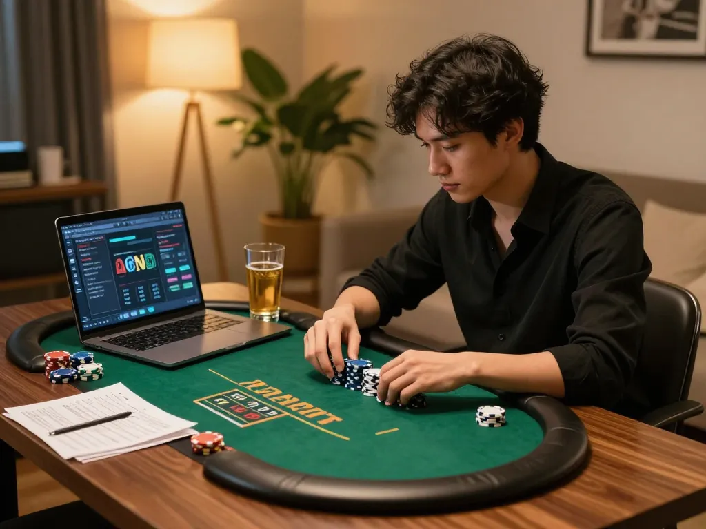 세련된 홈 설정에서 온라인 포커를 플레이하며 오피사이트에서 전략을 세우는 게이머