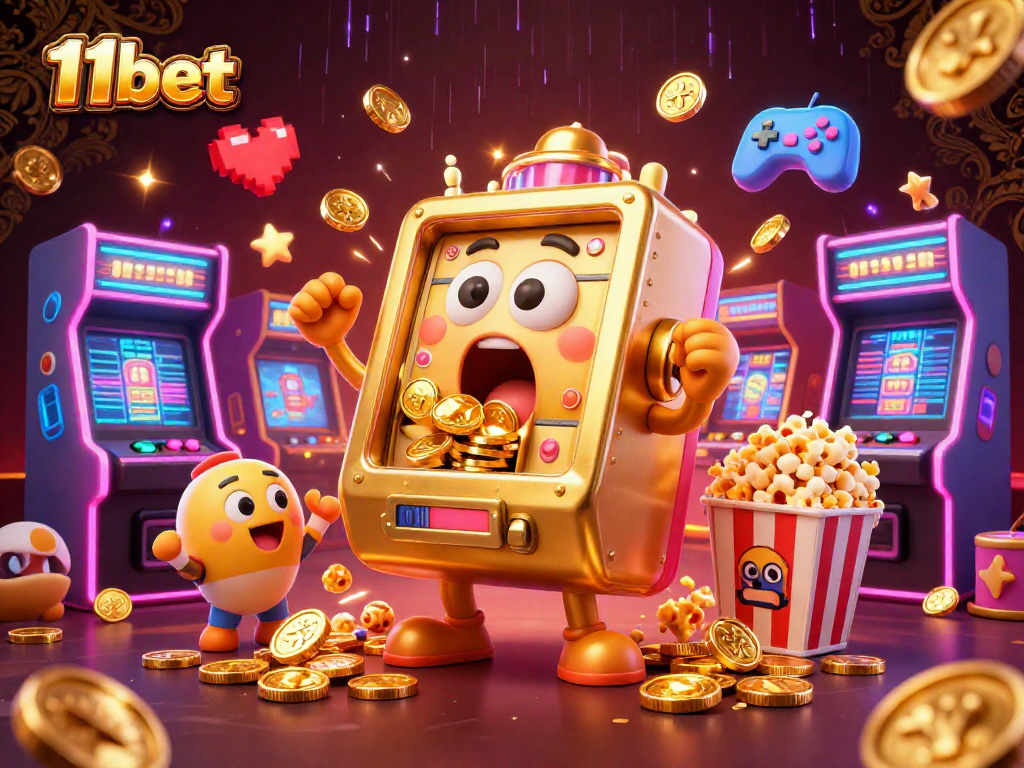 11bet's thrilling 3D casino scene showcases a golden slot machine hitting a jackpot as coins emerge.
