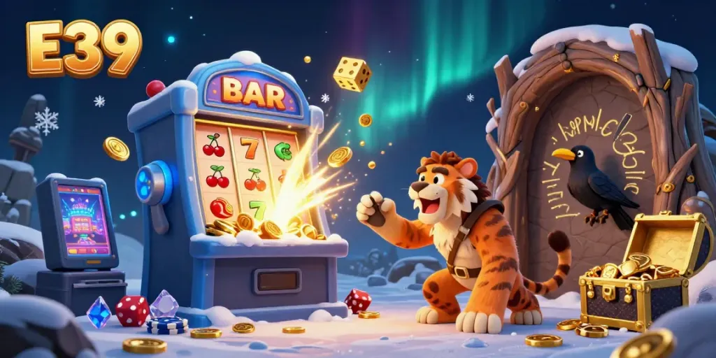 Experience the E39 gaming adventure with a vibrant prehistoric casino scene filled with playful characters and exciting game elements.