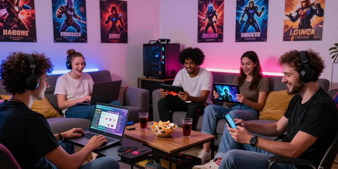 Engaged gamers enjoying html sex games on various devices in a cozy setting.