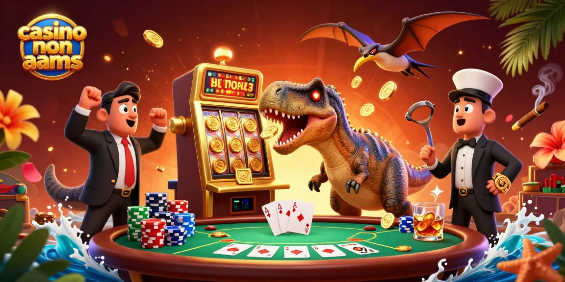 Illustrazione dinamica di un casco non AAMS, un pachicefalosauro che colpisce una slot machine per vincere monete dorate, mentre un manager ansioso agita la coda.