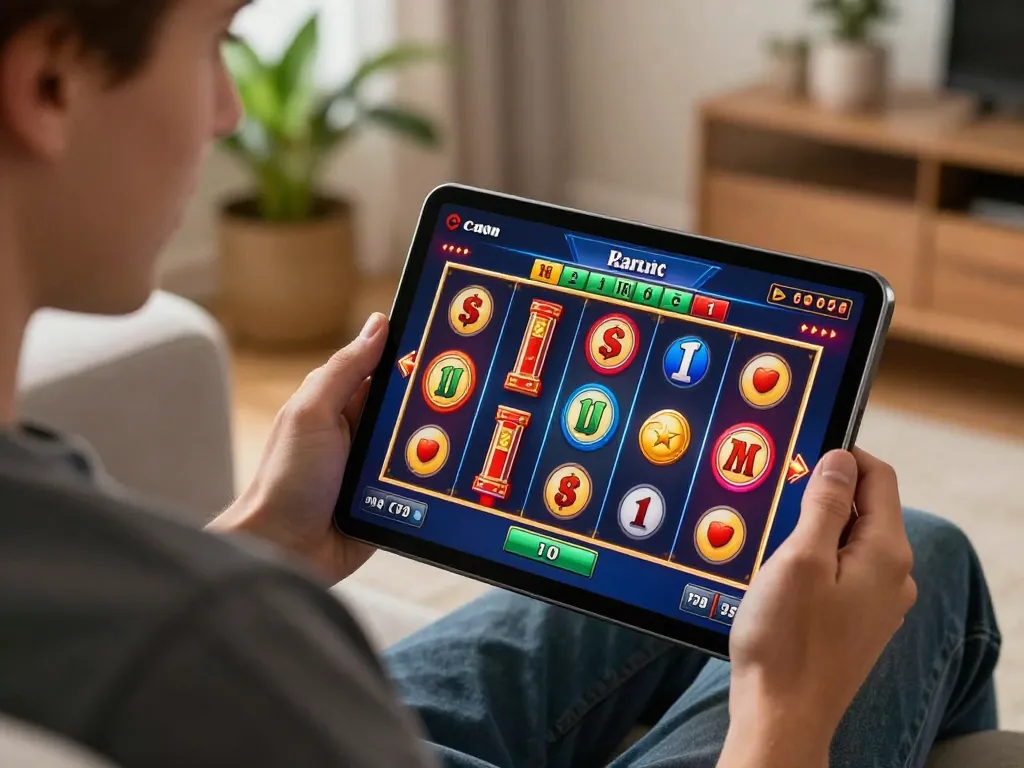 SUN WIN online gaming experience with a joyful player interacting with spinning slot reels on a tablet