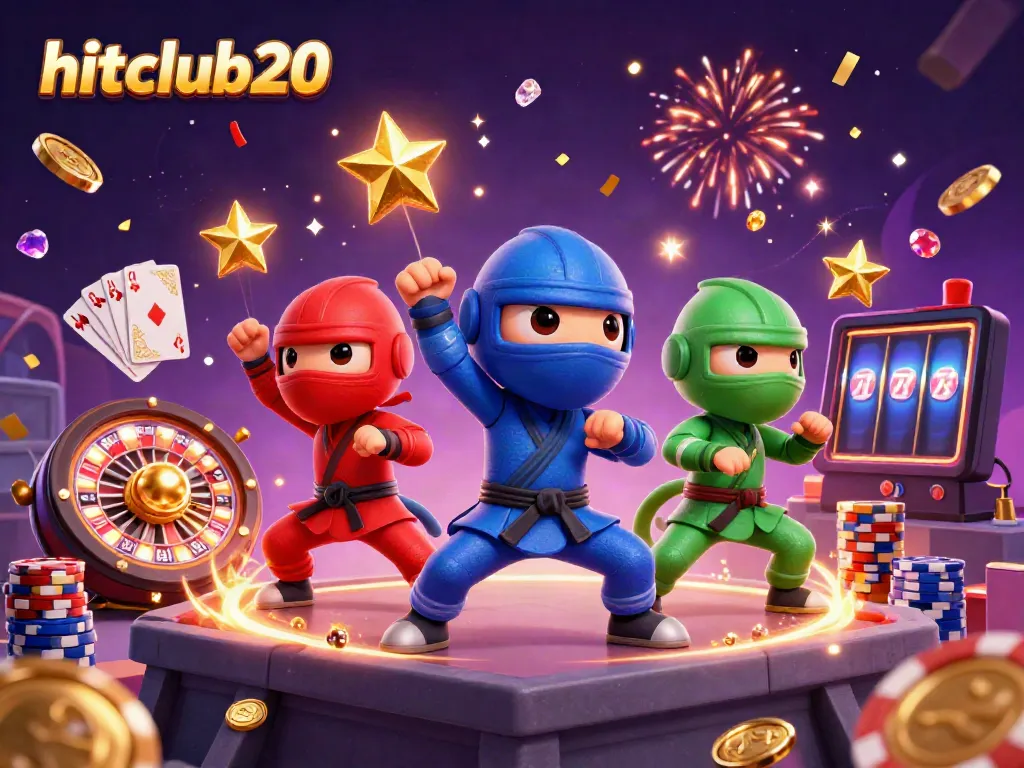 Hitclub20 showcases a vibrant scene with ninja chameleons in dynamic poses amidst casino elements.