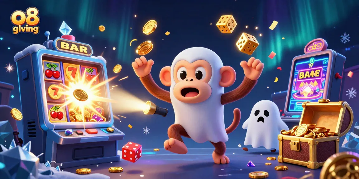 Engage in thrilling online gaming with O8 giving, featuring an animated scene of a ghost-hunter puppy chasing a mischievous monkey in a casino.
