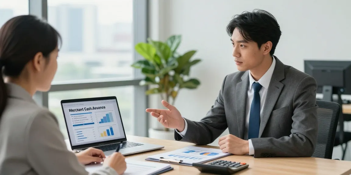 Discussing merchant cash advance UK options with a financial advisor in a modern office setting.