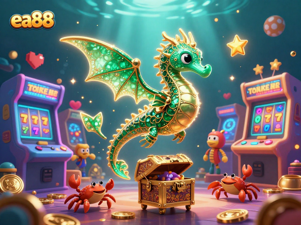 Play exciting games at ea88 with a vibrant 3D underwater casino scene featuring a dragon guard.