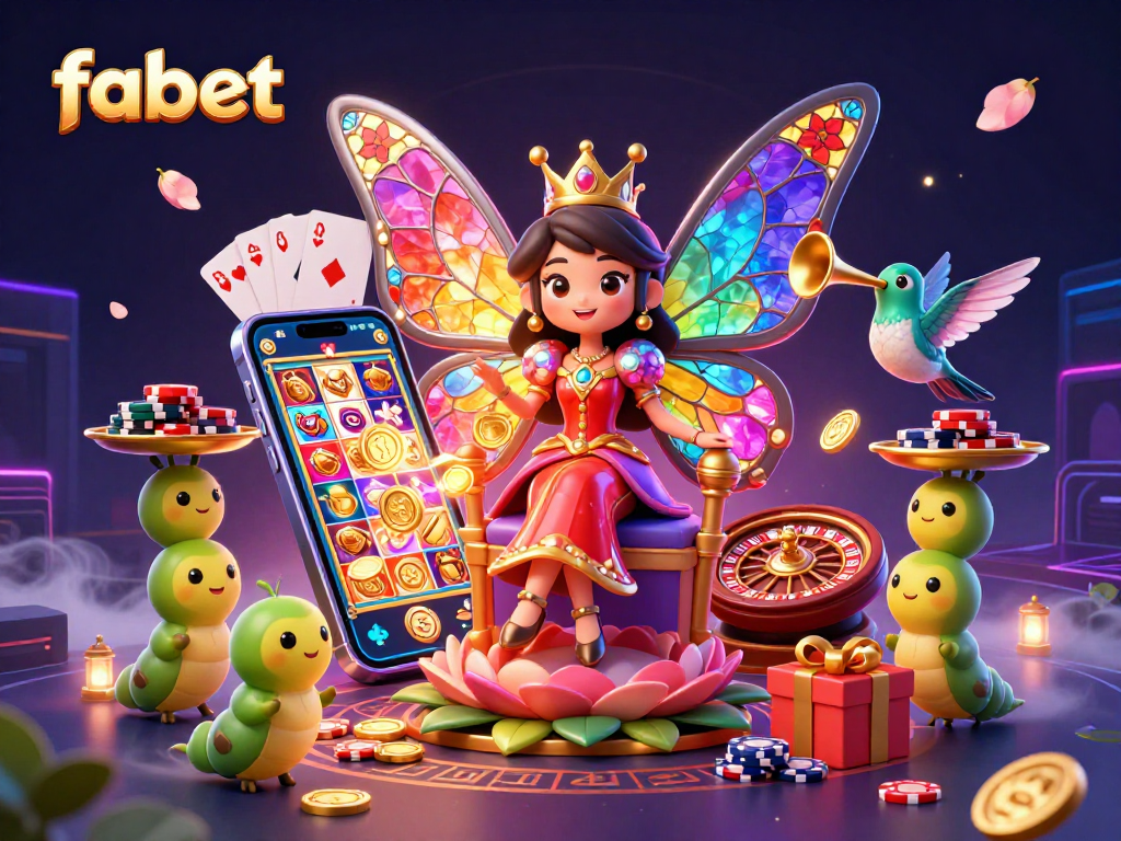 Play vibrant slots at fabet with a stunning butterfly queen amidst casino excitement.
