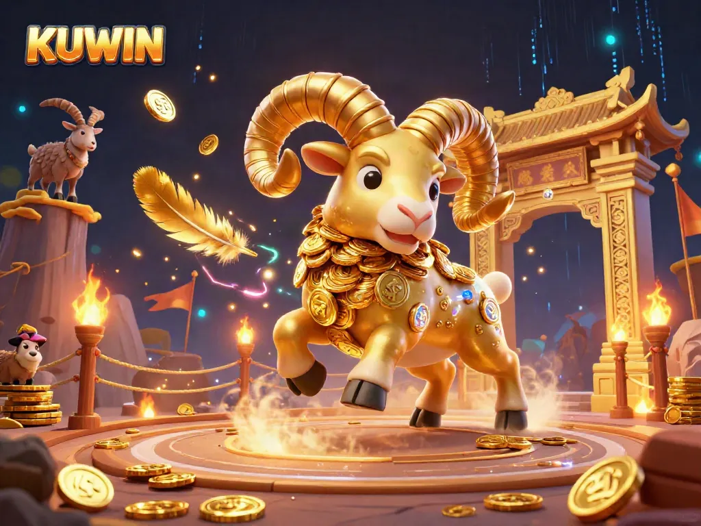 Experience the thrill of KUWIN as a golden ram charges through a vibrant casino scene filled with dynamic elements.