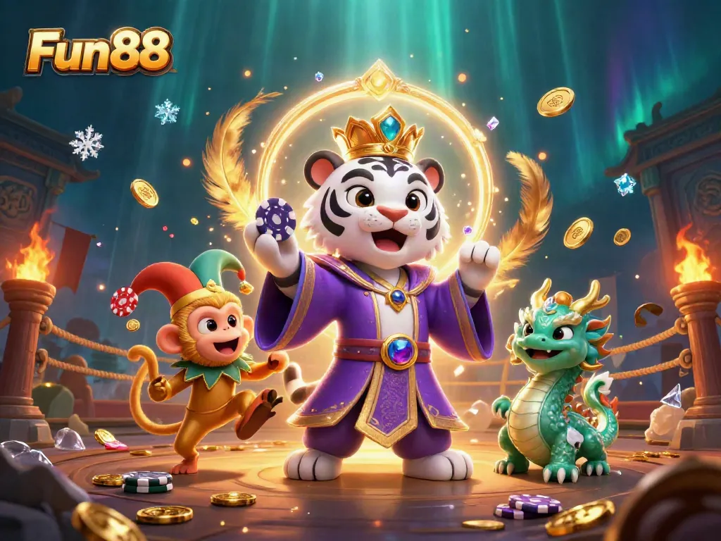 Exciting Fun88 casino scene featuring a tiger, monkey, and dragon amidst vibrant gaming elements.