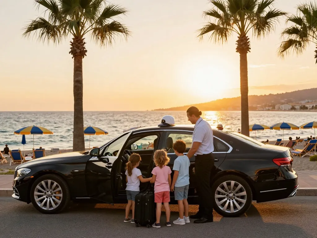Service de taxi St Tropez aidant une famille avec des bagages à la plage lors du coucher de soleil.
