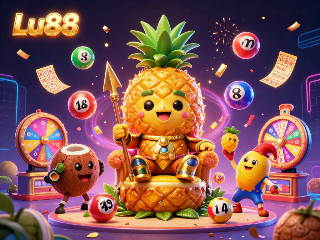 Engage with Lu88's vibrant casino scene showcasing a golden pineapple king amid dynamic game elements.