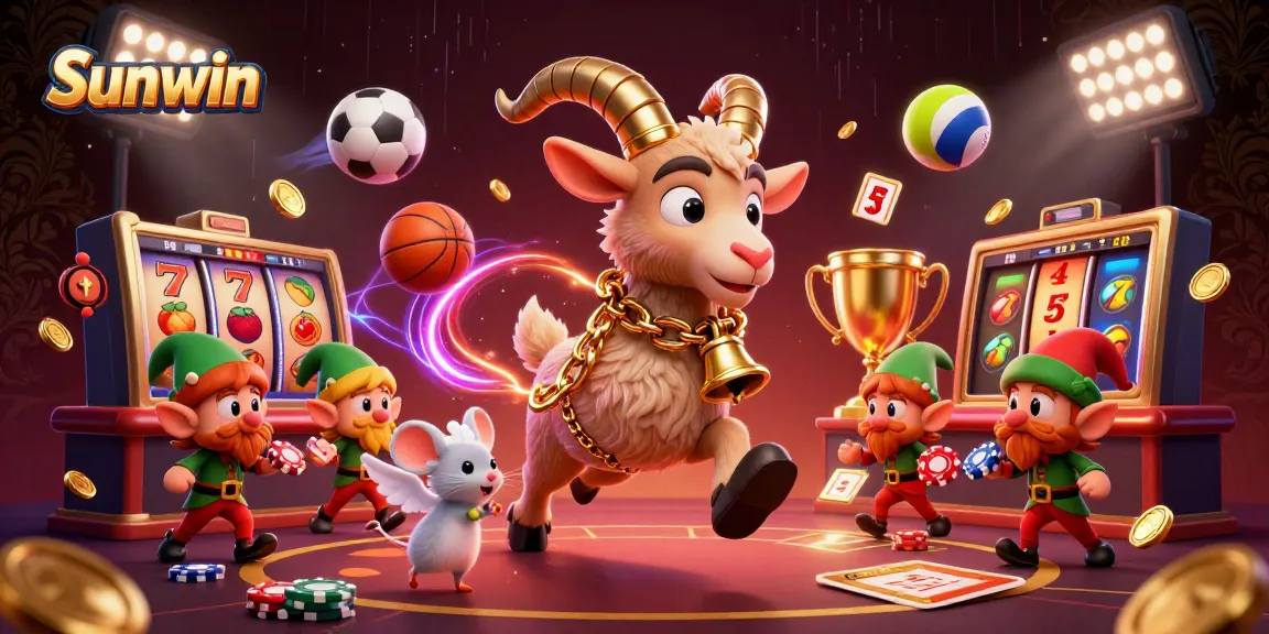 Win big at Sunwin with a dynamic casino scene featuring Krampus, an angel mouse, and elf gremlins.