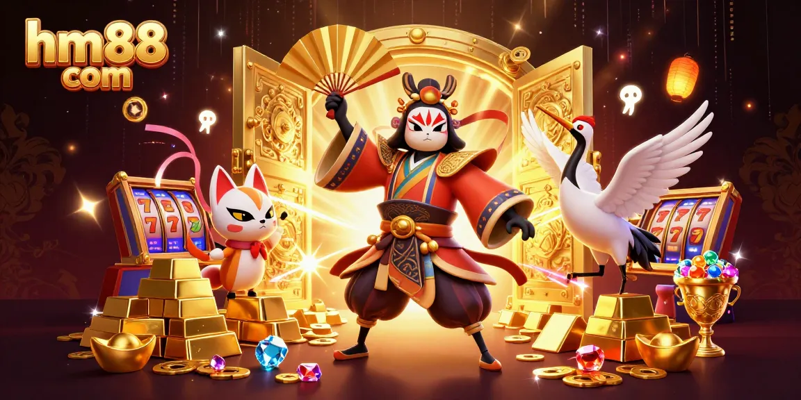 Experience winning with hm88 com in a vibrant slot-filled casino illustration showcasing fortune and excitement.
