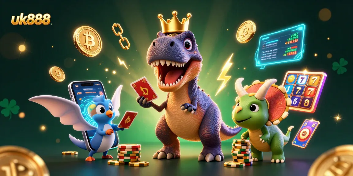 Engage with the vibrant casino scene featuring uk888 in action with playful dinosaurs and sparkling slots.