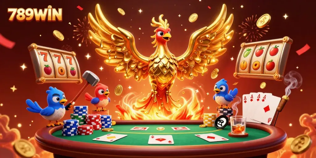 Experience the excitement of 789WIN with a golden phoenix heralding jackpots amidst casino thrills.