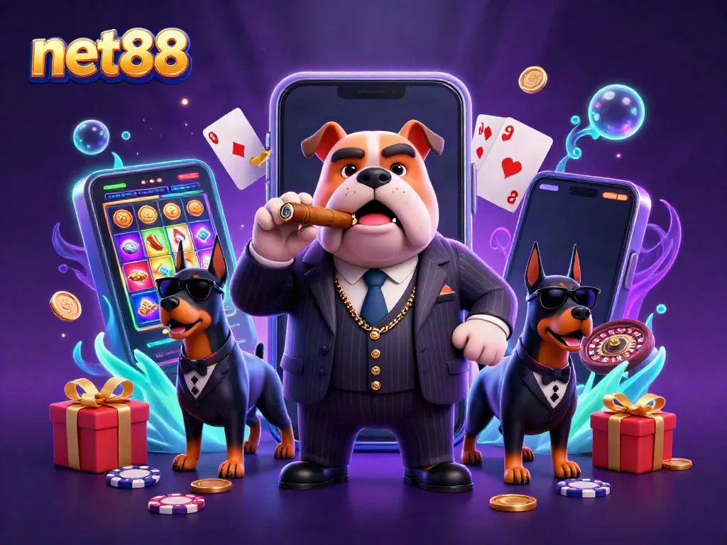 Immerse in net88 gaming with a cartoon mafia bulldog boss in a casino scene filled with vibrant gambling elements.