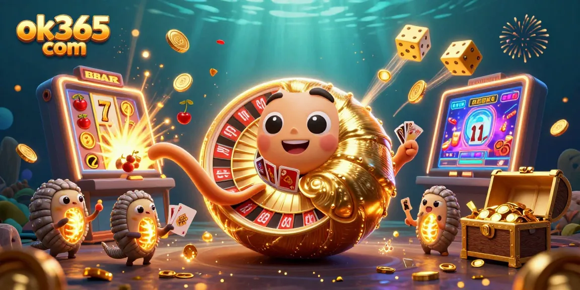 Experience excitement at ok365 com with a dynamic casino scene featuring a giant nautilus roulette wheel.
