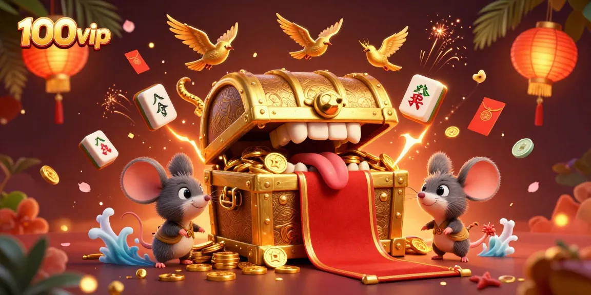 Join the excitement at 100vip as adventurer mice are lured by a golden treasure chest amidst festive gaming elements.