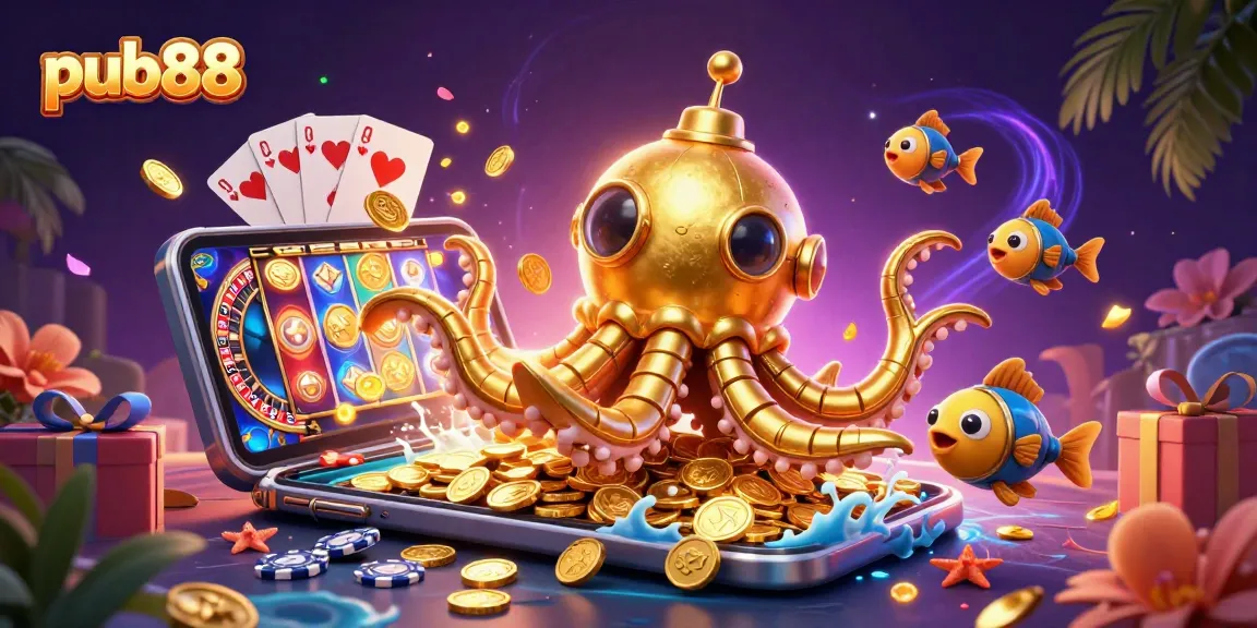Experience the thrill of pub88 with a golden kraken submarine amidst coins and casino games.