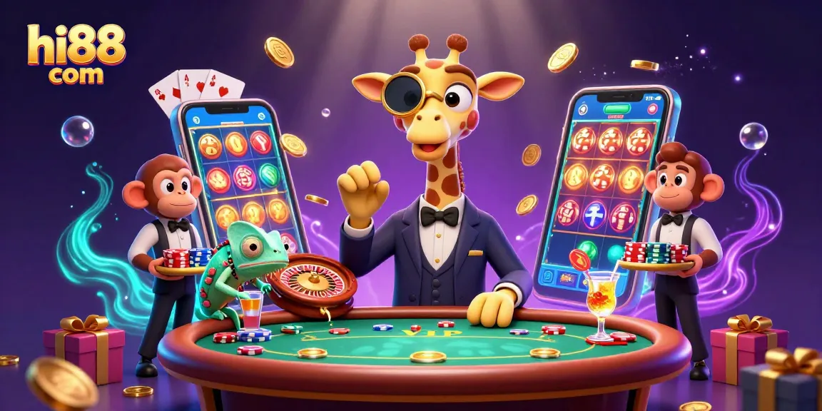 Experience high-stakes gaming with hi88 com's vibrant casino illustration featuring playful characters.
