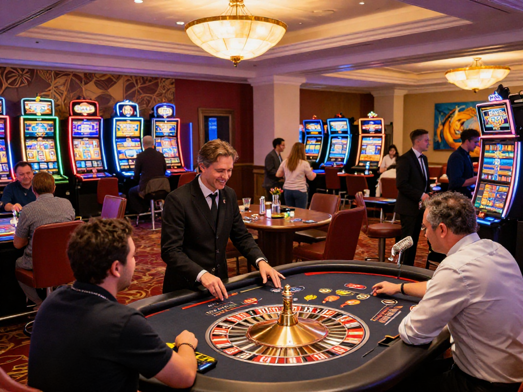Un ambiente vivace di un casino non AAMS con giocatori attorno a un tavolo della roulette e illuminazione accogliente.