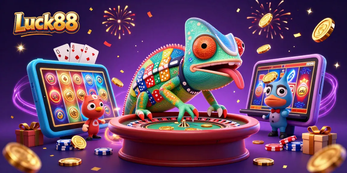 Luck88 chameleon casino owner catching golden coins amidst vibrant gaming elements, showcasing exciting gameplay.