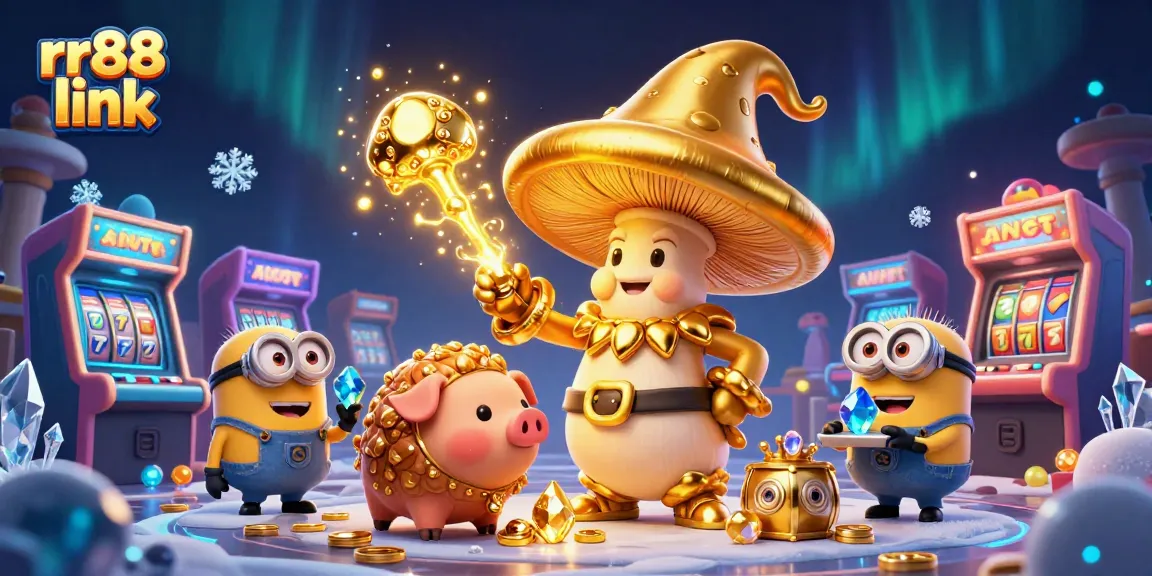 Experience the excitement of rr88 link with gaming treasures and golden magic in a dynamic casino-themed scene.