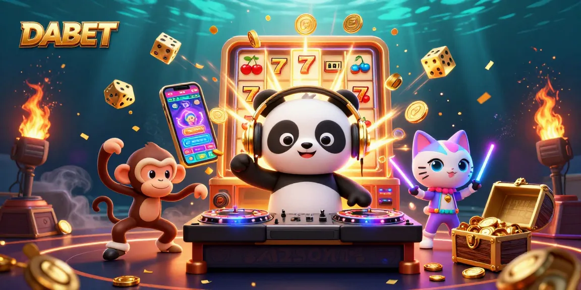 DABET engages gamblers with a vibrant casino scene featuring a DJ panda, breakdancing monkey, and a glow-stick kitten amidst thrilling jackpot symbols.