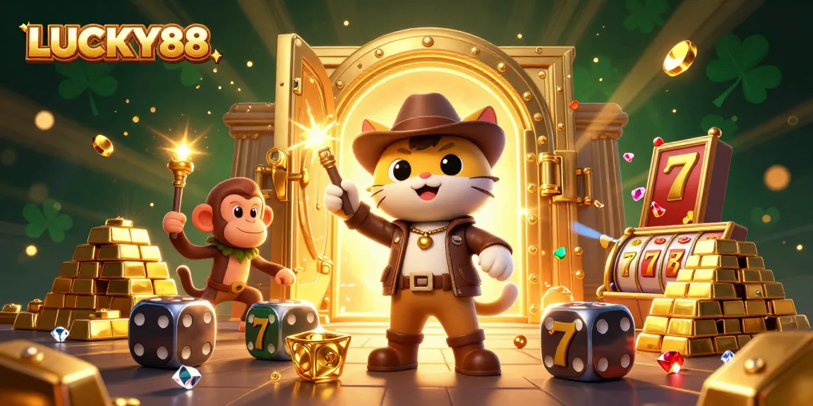 Experience thrilling gameplay with LUCKY88, featuring an explorer cat and treasures in a vibrant casino scene.