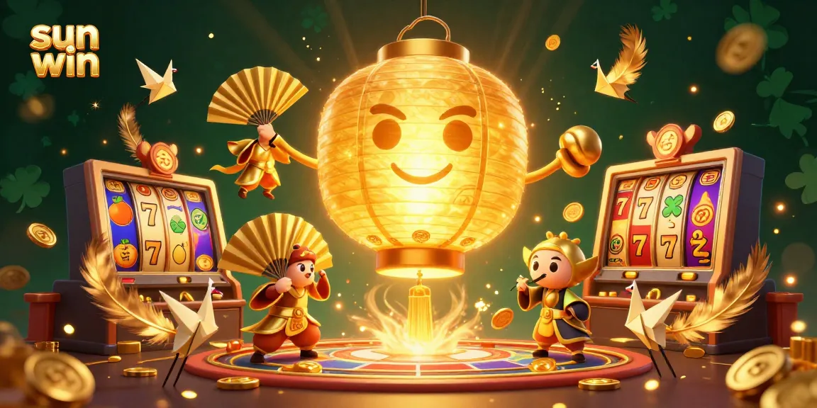Experience the vibrant world of sun win at this lively casino scene filled with golden lanterns and slot games.