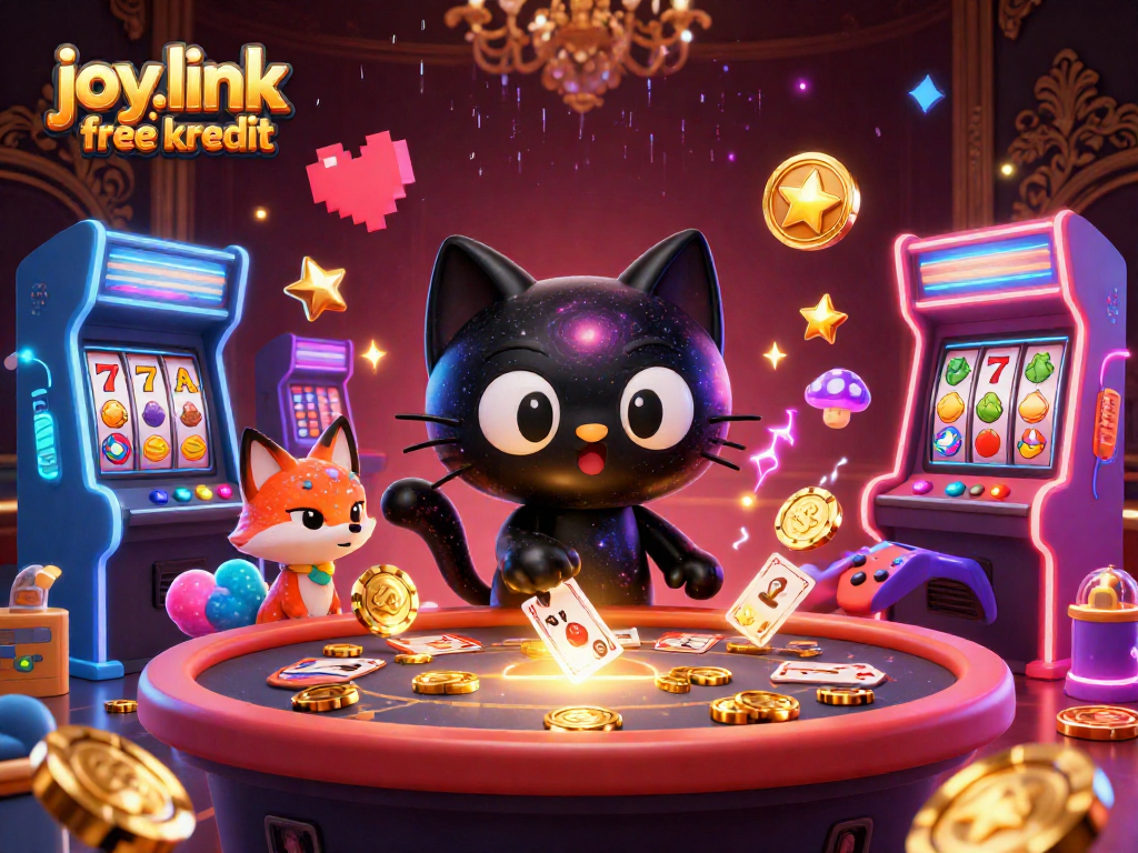 Engage with joy.link free kredit at a cosmic casino table, featuring a black hole cat and colorful slot games.