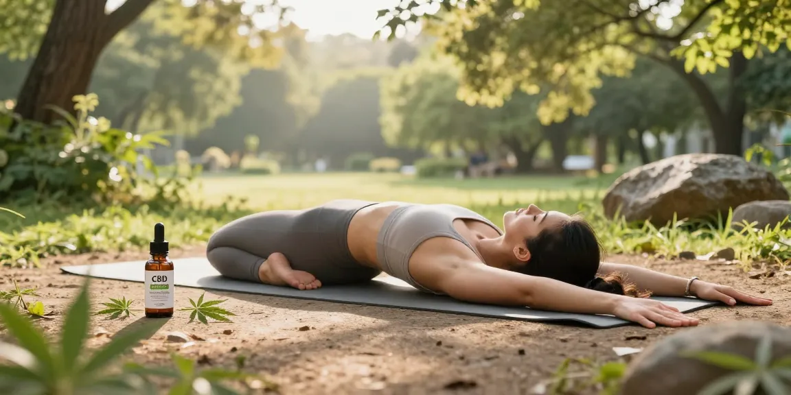 Ministry cannabis premium CBD oil beside a woman practicing yoga outdoors, emphasizing natural wellness and organic health.