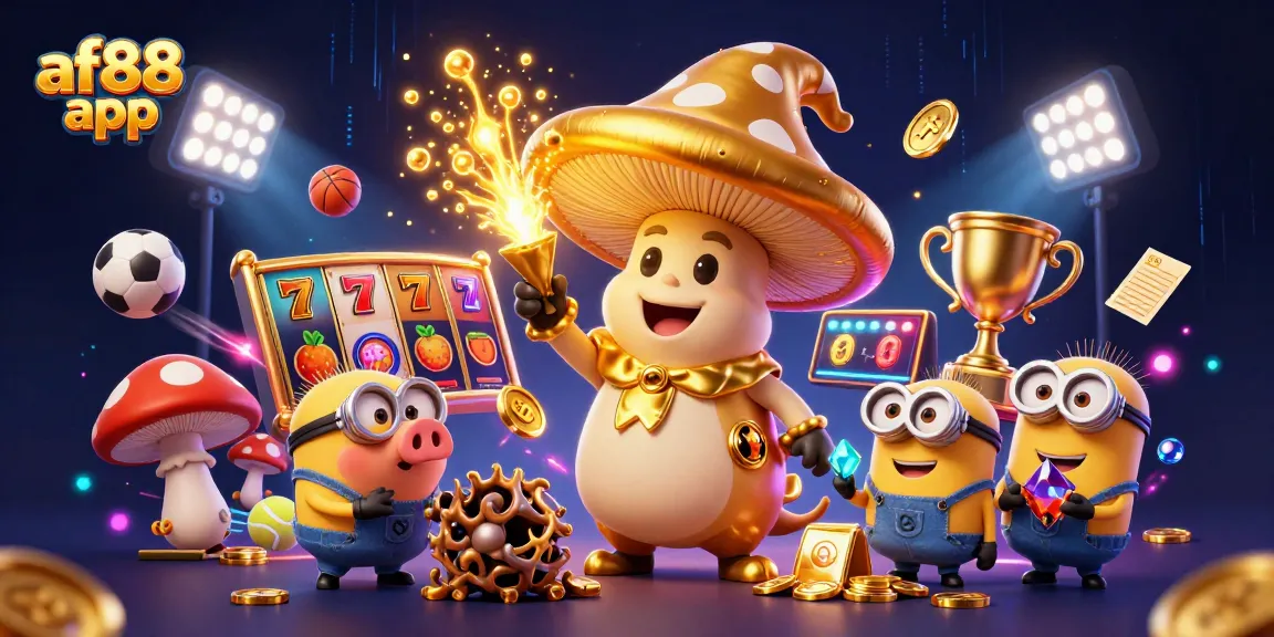 Spin and win with the af88 app in this vibrant 3D casino illustration featuring magical elements.