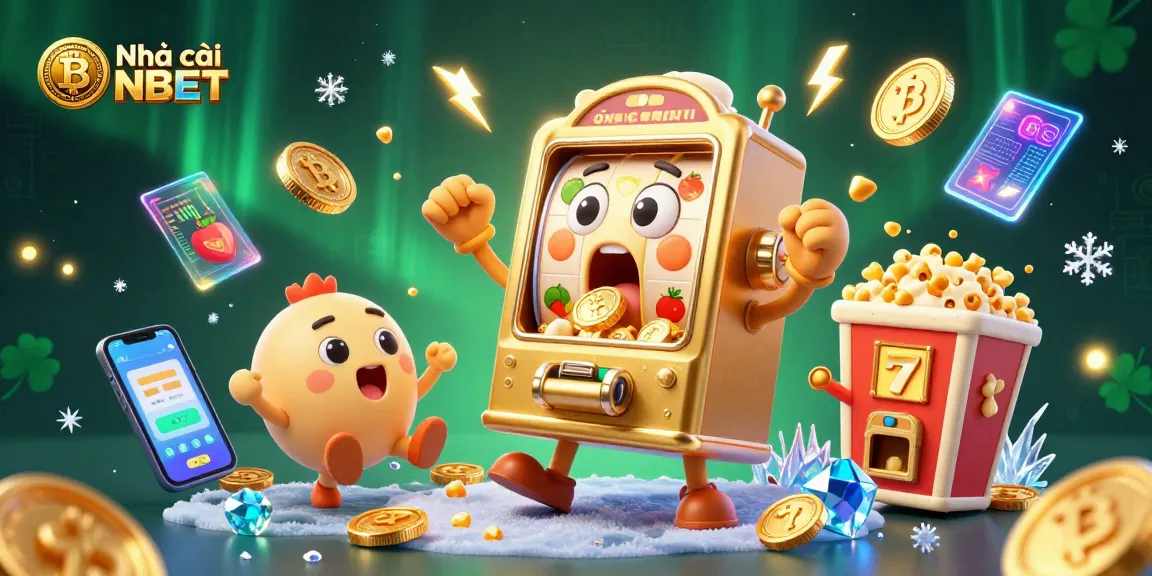Experience excitement at Nhà cái NBET with colorful cartoon slot machines celebrating jackpots amid crypto elements.