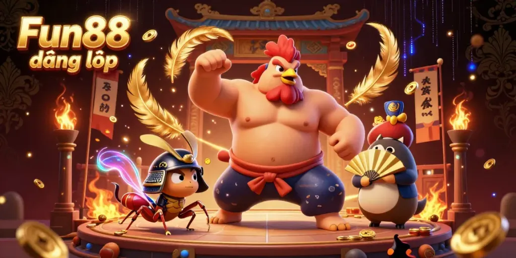 Engage with thrilling Fun88 đăng nhập scene featuring dynamic cartoon characters in a dramatic gambling arena.