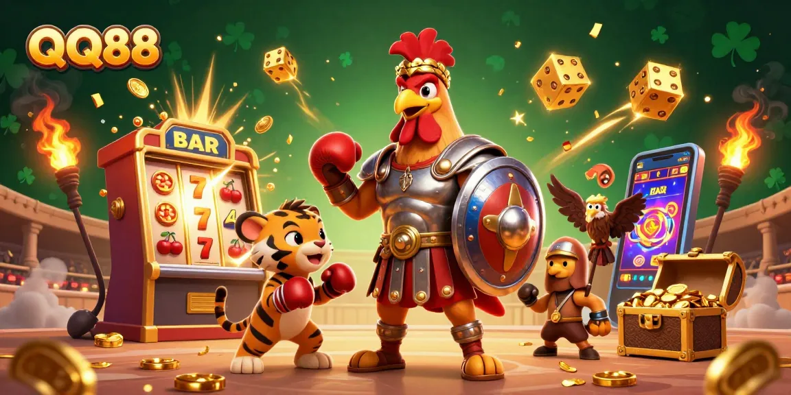 Experience thrilling gameplay at QQ88 with a dynamic scene featuring a gladiator rooster and exciting casino elements.