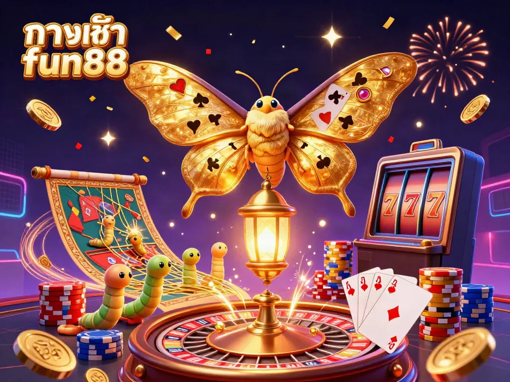 Experience ทางเข้า fun88 immersive casino action with a detailed illustration featuring a vibrant moth, casino elements, and dynamic light