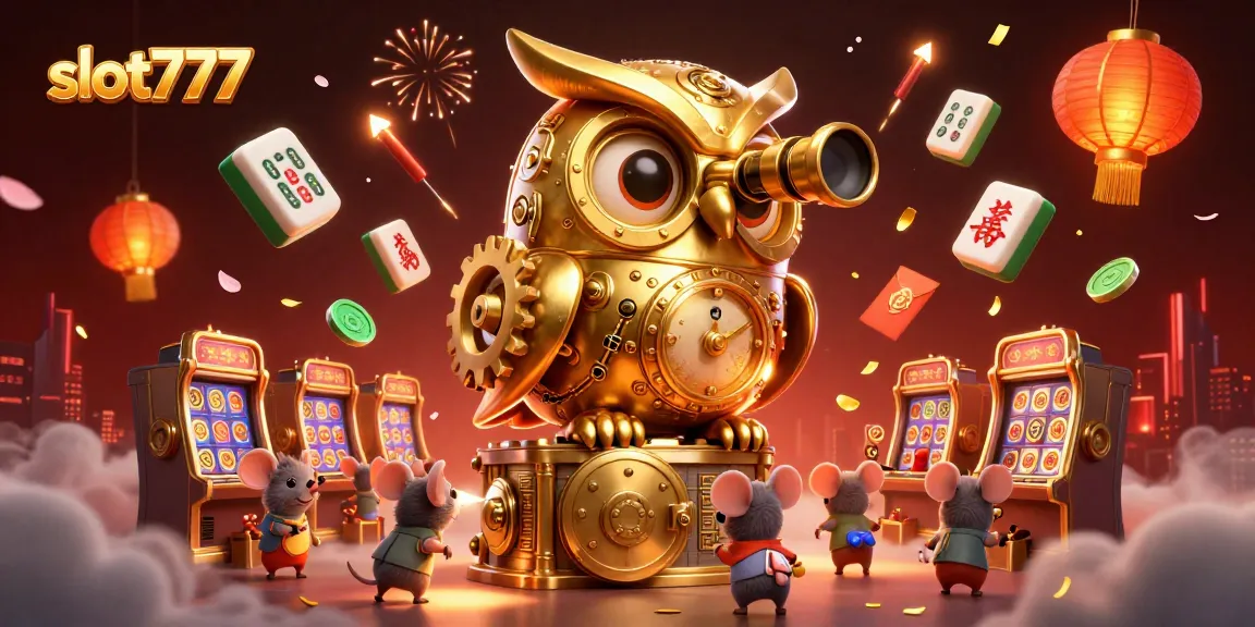 Experience thrilling gameplay on slot777 with a captivating scene showcasing a golden owl and lively patrons.