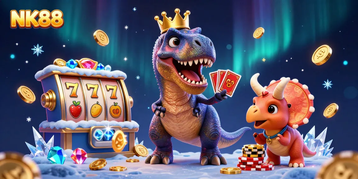 Experience thrilling gameplay and jackpots at NK88 with friendly dinosaurs in a vibrant casino setting.