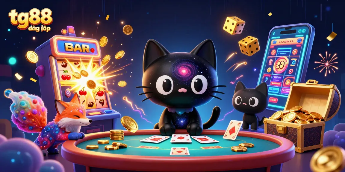 Experience tg88 đăng nhập with a cosmic black hole cat at a vibrant casino table, surrounded by exciting game elements.
