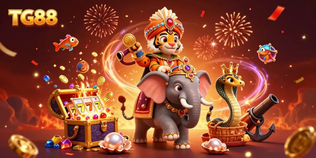 Experience thrilling casino adventures with TG88’s vibrant gaming scene featuring a majestic elephant and treasures.