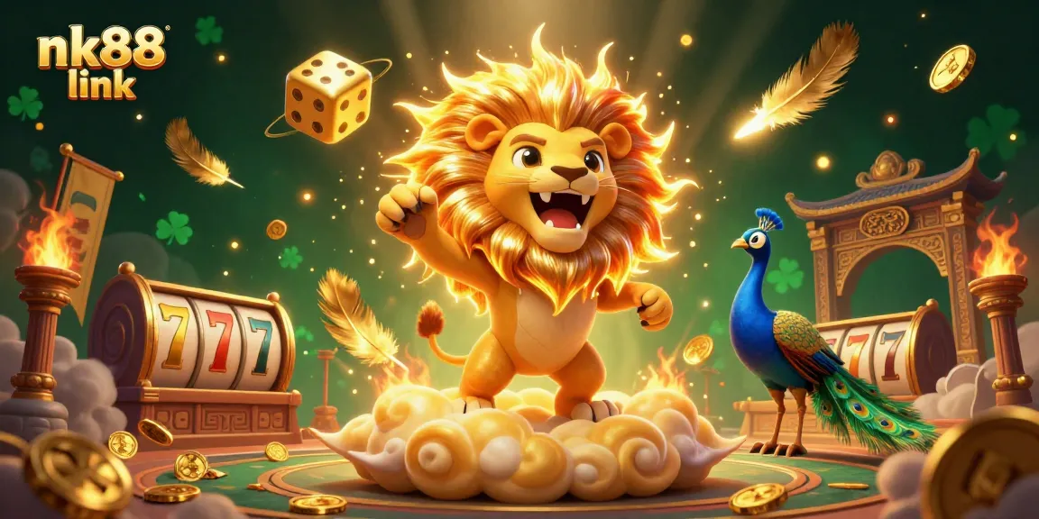 Experience thrilling wins with the nk88 link, featuring a 3D lion and vibrant casino elements in a vibrant scene.