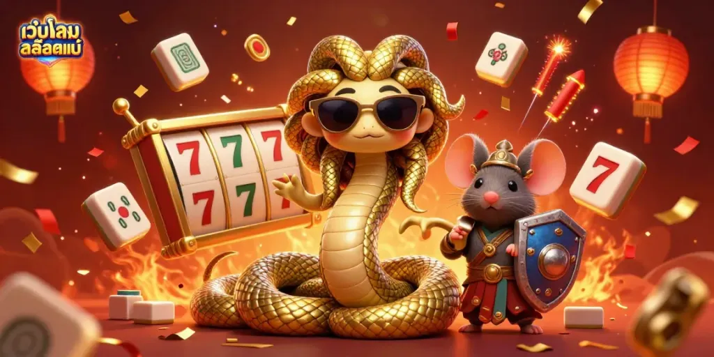 Experience the excitement of เว็บเกมสล็อตแท้ with a vibrant 3D cartoon scene featuring Medusa, a warrior mouse, slot reels, and festive decorations.