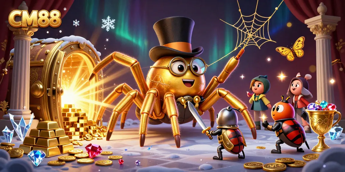 Experience excitement at CM88 with a dazzling casino scene featuring a golden tarantula and brave knight.