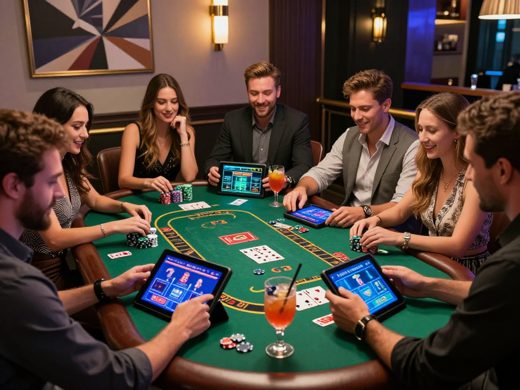 Gioco di gruppo su tablet in un casinò non AAMS con amici, atmosfera divertente e moderna.