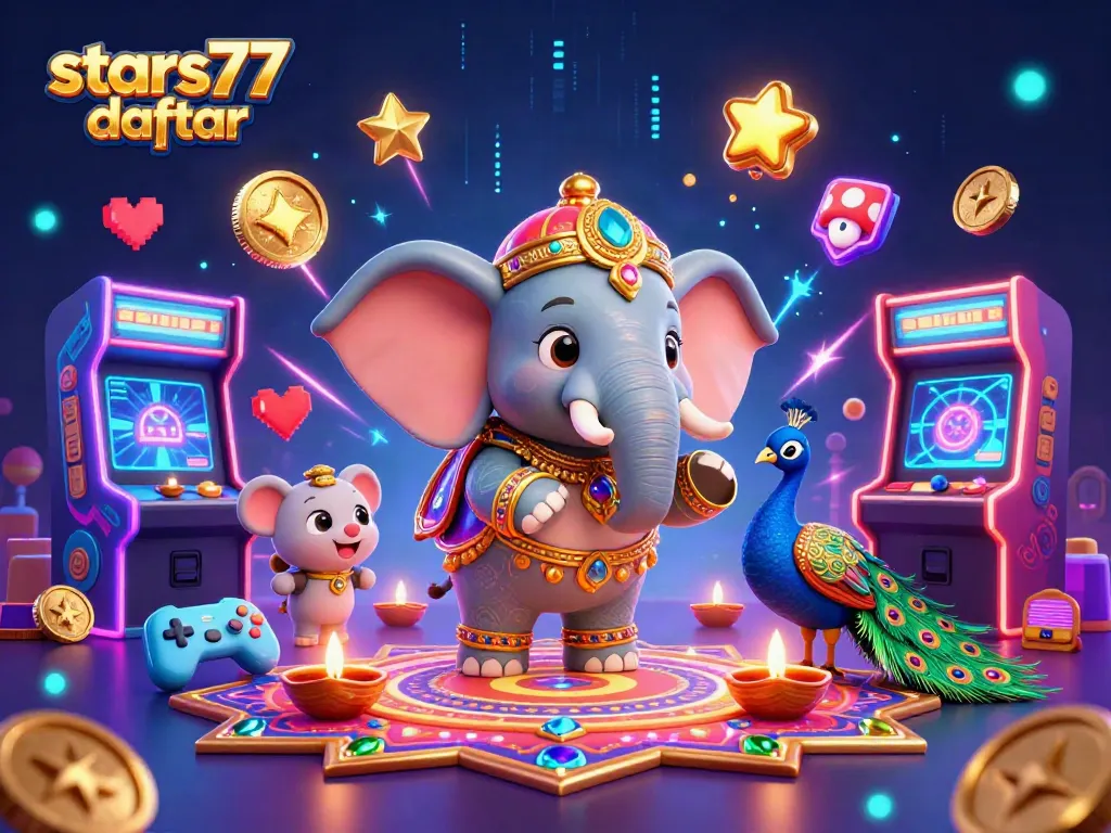 Gambarlah suasana permainan di pendaftaran stars77 dengan karakter utama dan elemen kasino yang menarik.