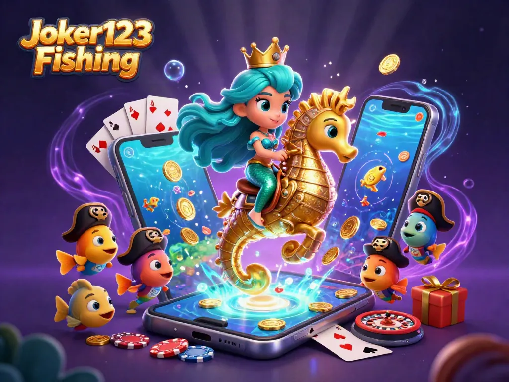 Engage in Joker123 Fishing with a mermaid, seahorse, and vibrant casino elements.