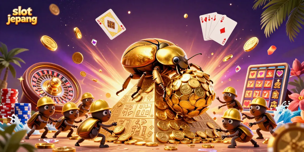 Experience the thrill of slot jepang with golden beetles and cascading casino elements in a dynamic illustration.