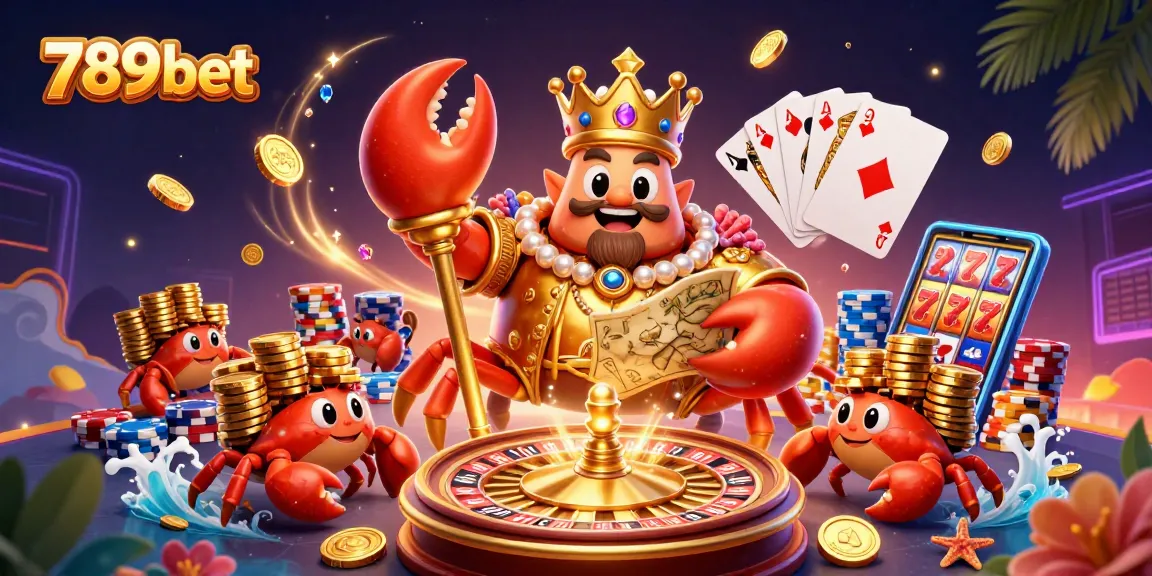 Experience winning moments at 789bet with a vibrant 3D casino scene featuring a golden crab emperor surrounded by treasures.
