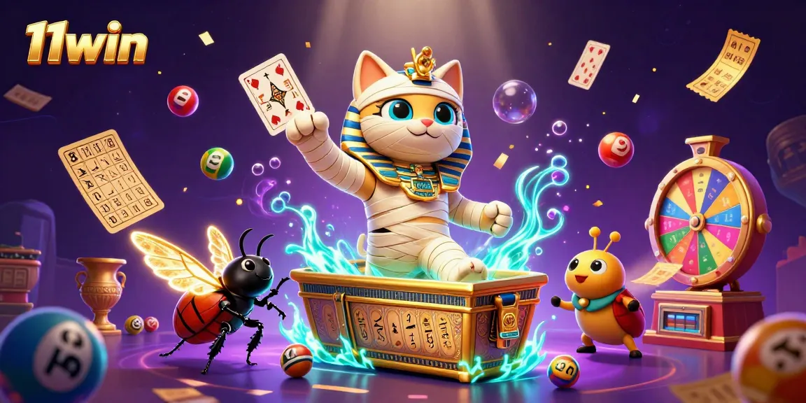 Experience the thrills of 11win with the lively mummy cat and glowing scarab in a vibrant casino scene.